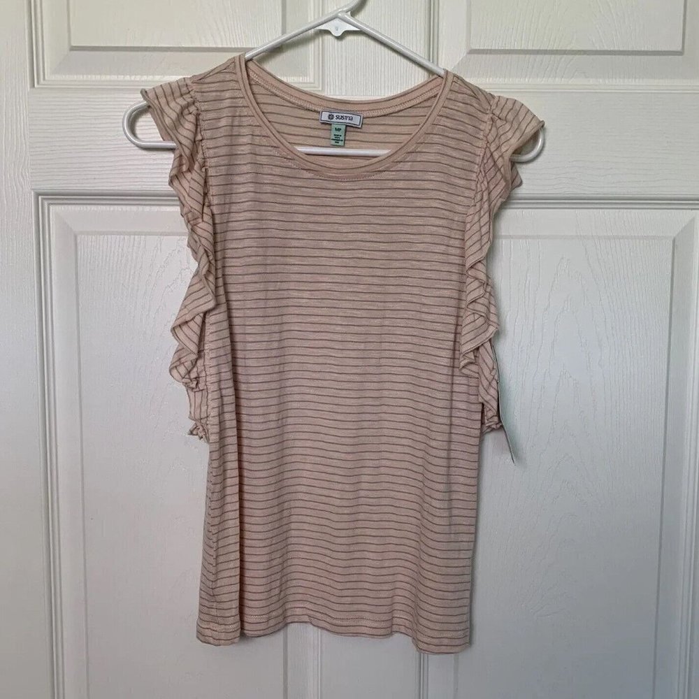 Susina Petite Medium Pink Gray Striped Ruffle Sleeve Women’s Tank Top NWT
